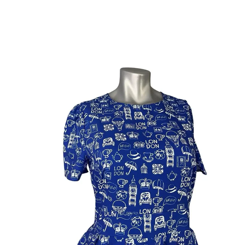 Blue White London Dress Short Sleeve Fit And Flare Midi Small Artsy All Over
